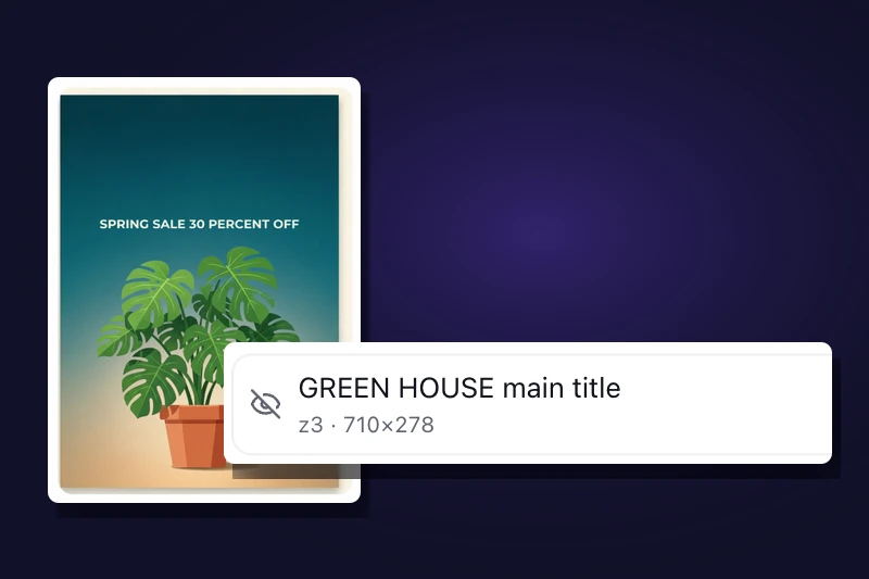 The IntoLayers workbench with the GREEN HOUSE title layer switched off, its eye icon crossed out and the preview beside it updated to show the poster without that layer