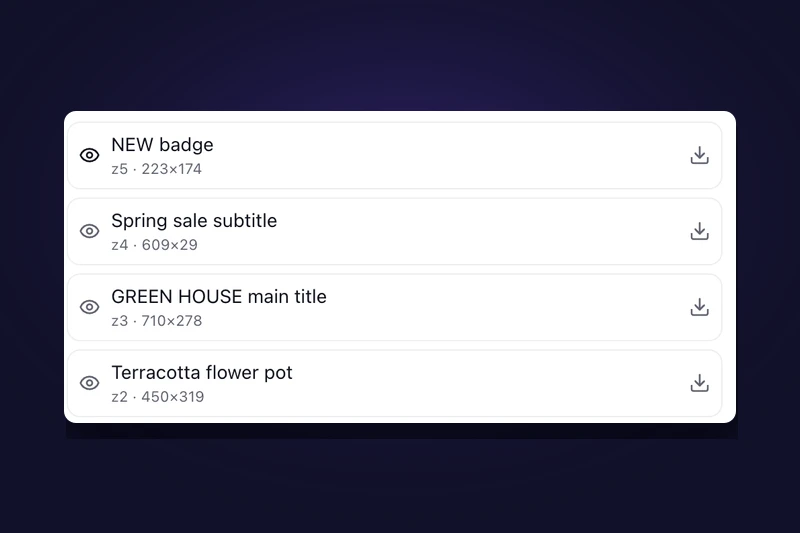 The layer list from a real conversion: NEW badge, Spring sale subtitle, GREEN HOUSE main title and Terracotta flower pot, each named by the model with its stacking order and pixel size