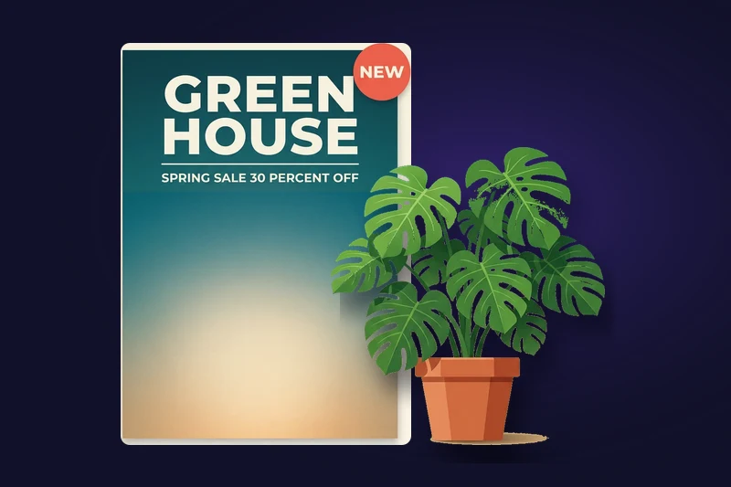 A real conversion: the potted plant lifted off the Green House poster, with the poster background rebuilt behind it and no hole left where it stood