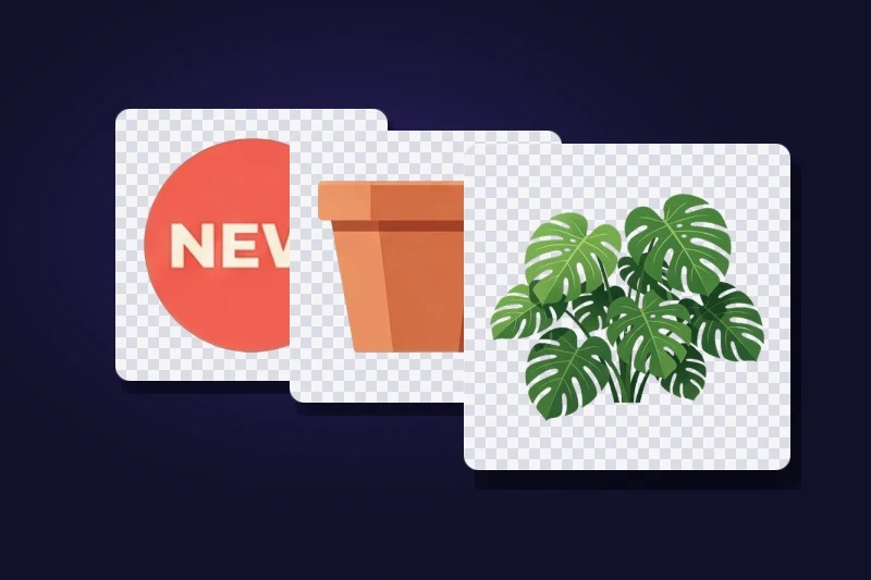 Three layers from a real conversion sitting on transparency checkerboards: the NEW badge, the terracotta pot and the monstera foliage, each its own transparent PNG