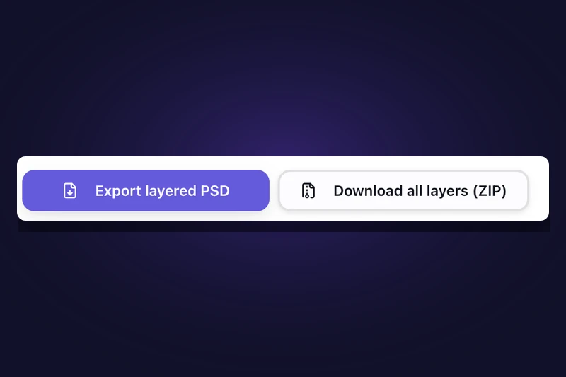 The workbench export bar offering the whole stack as one layered PSD, or every layer at once as a ZIP