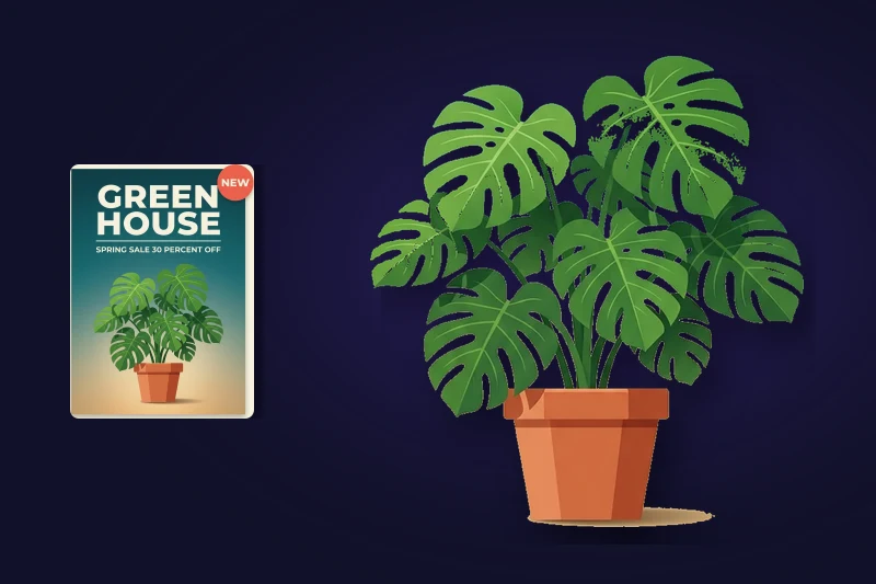 The monstera layer shown on its own at several times the size it occupies in the poster beside it, edges still sharp