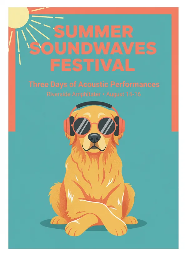 An AI-generated festival poster with a golden retriever, where the venue line reads Riverside Amphitater