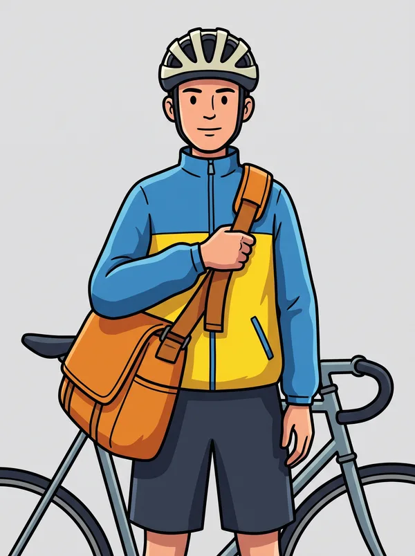 A flat cartoon illustration of a bike courier in a helmet, gripping the strap of an orange messenger bag, standing in front of a road bike