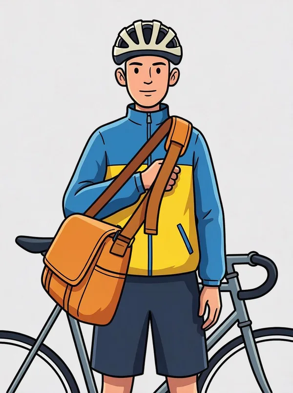 The five returned layers placed back on the canvas: courier, bag, helmet and bike in their original places, but with a second bag strap across the chest running over the hand