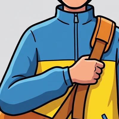 Close-up of the original art: the courier's hand wrapped around one bag strap on his chest