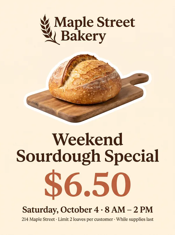 A bakery flyer with the price $6.50 and the date Saturday, October 4