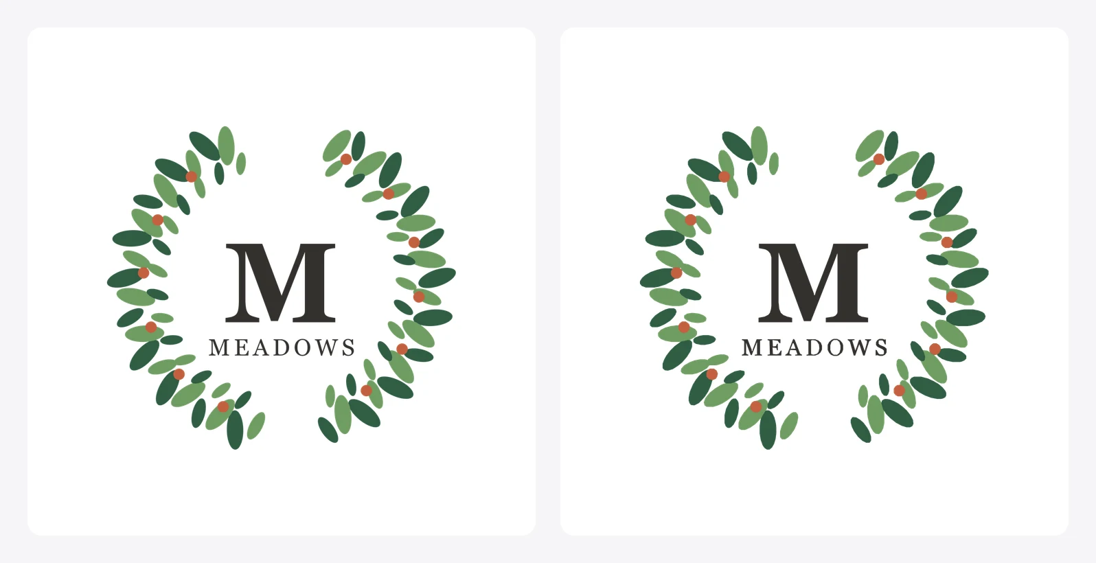 A monogram wreath design before and after tracing: the uploaded PNG on the left, the color-separated SVG on the right