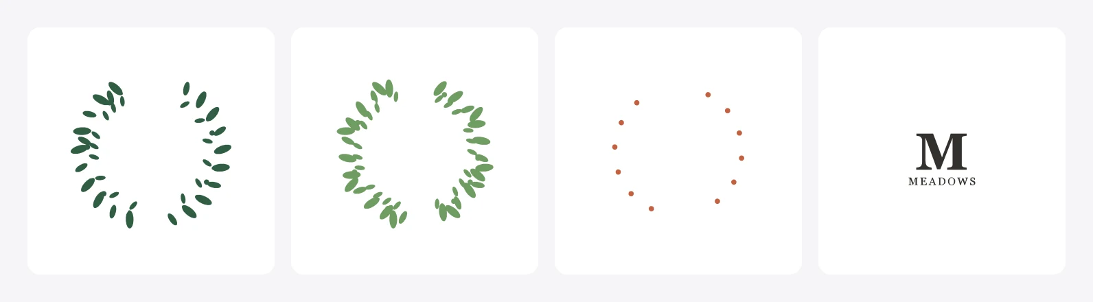 The same wreath split into four color layers: dark green leaves, light green leaves, terracotta berries, and the dark monogram