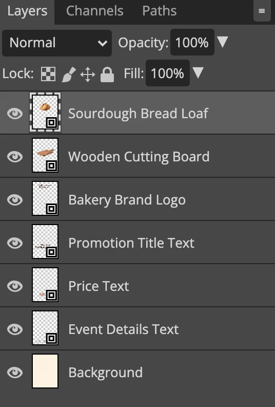 Photopea's Layers panel for the same bakery flyer split by IntoLayers at 7 layers: Sourdough Bread Loaf, Wooden Cutting Board, Bakery Brand Logo, Promotion Title Text, Price Text, Event Details Text and Background