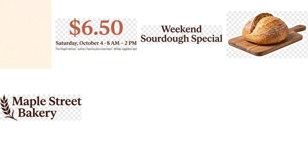 The layers returned when the flyer was split at 5: the background first, then each separated element on a checkerboard
