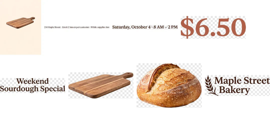The layers returned when the flyer was split at 9: the background first, then each separated element on a checkerboard