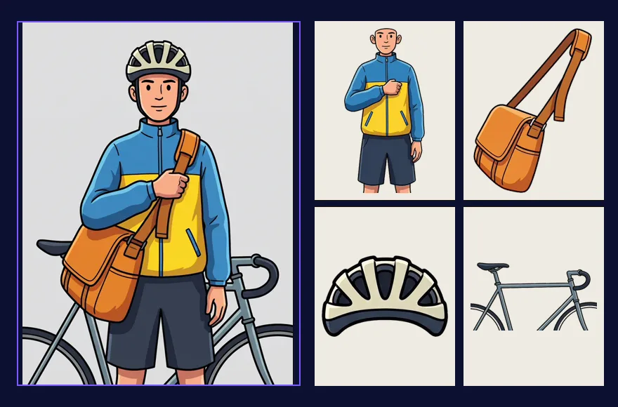 A cartoon courier split into layers: the original on the left, and the character, messenger bag, helmet and bicycle each returned as a separate layer on the right