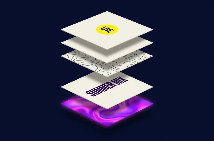 An AI-generated graphic pulled apart into a stack of layers: the gradient artwork, the SUMMER MIX headline and the LIVE badge each on their own sheet