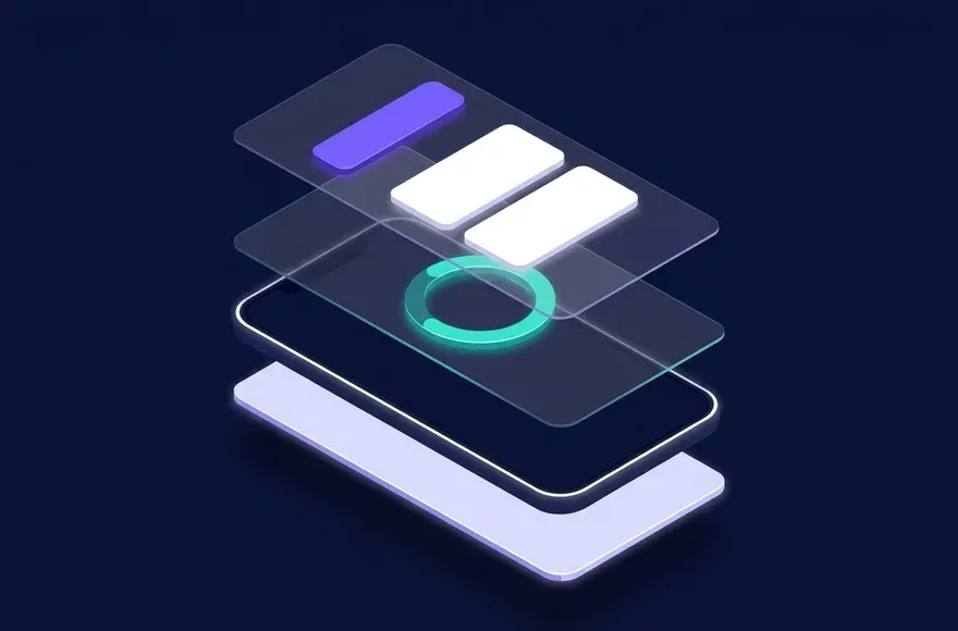 An app screen mockup pulled apart into a stack of layers: the background, the phone container, the progress ring, the stat cards and the button each on their own sheet