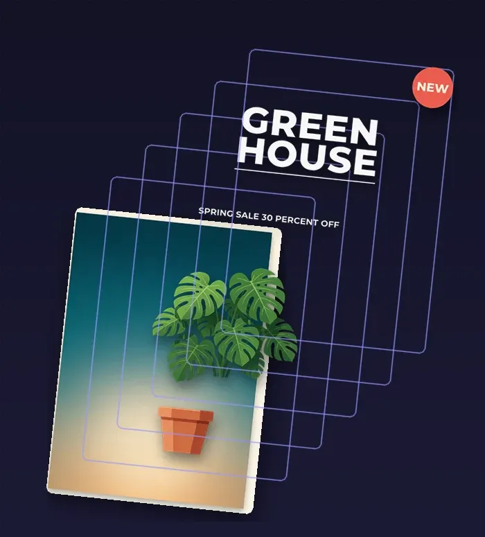 A poster converted to layers: the rebuilt background in front, with the pot, plant, subtitle, headline and badge each on their own transparent layer behind it