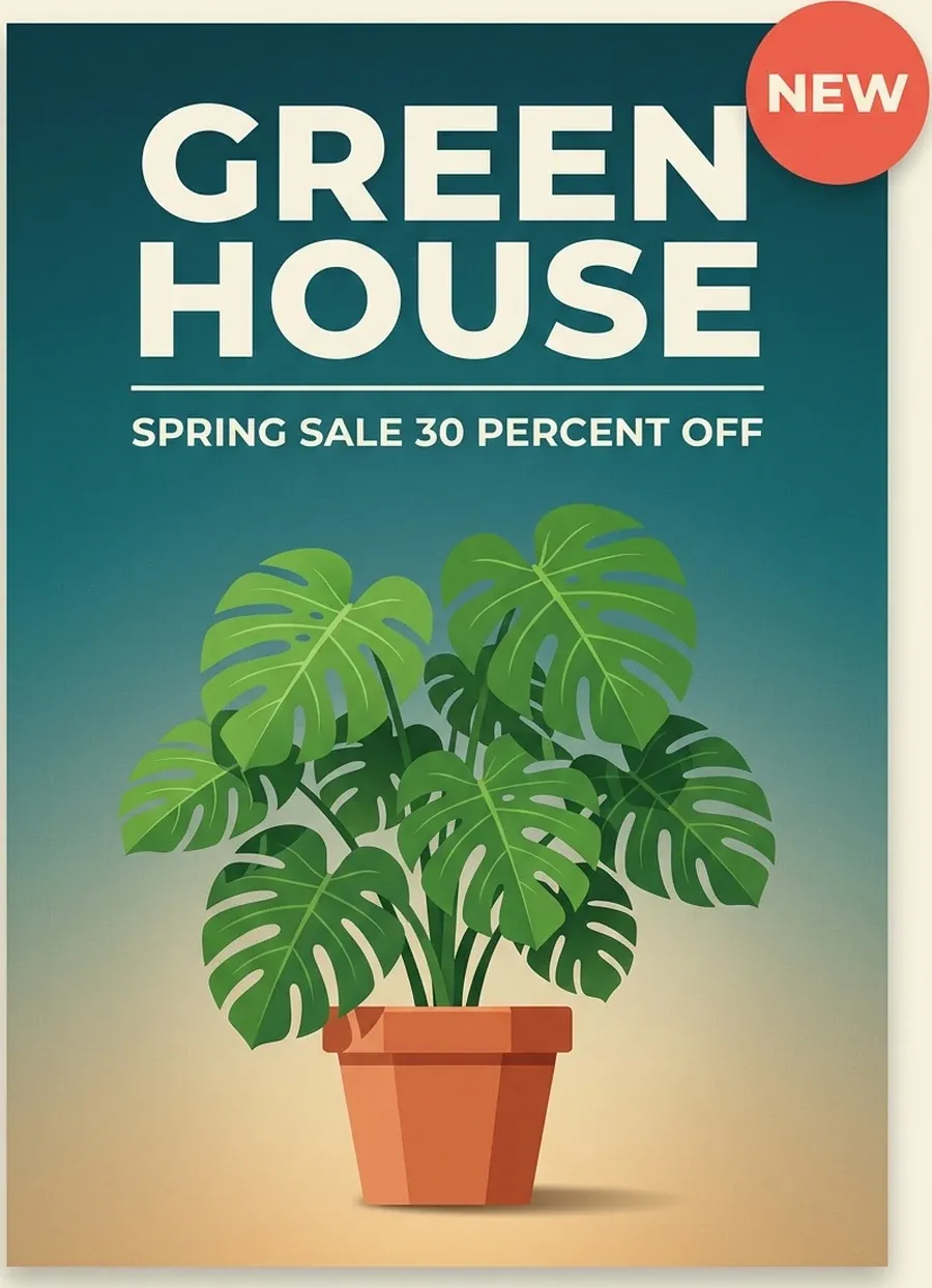 A plant shop poster with a headline, a subtitle, a NEW badge, a monstera plant and a terracotta pot
